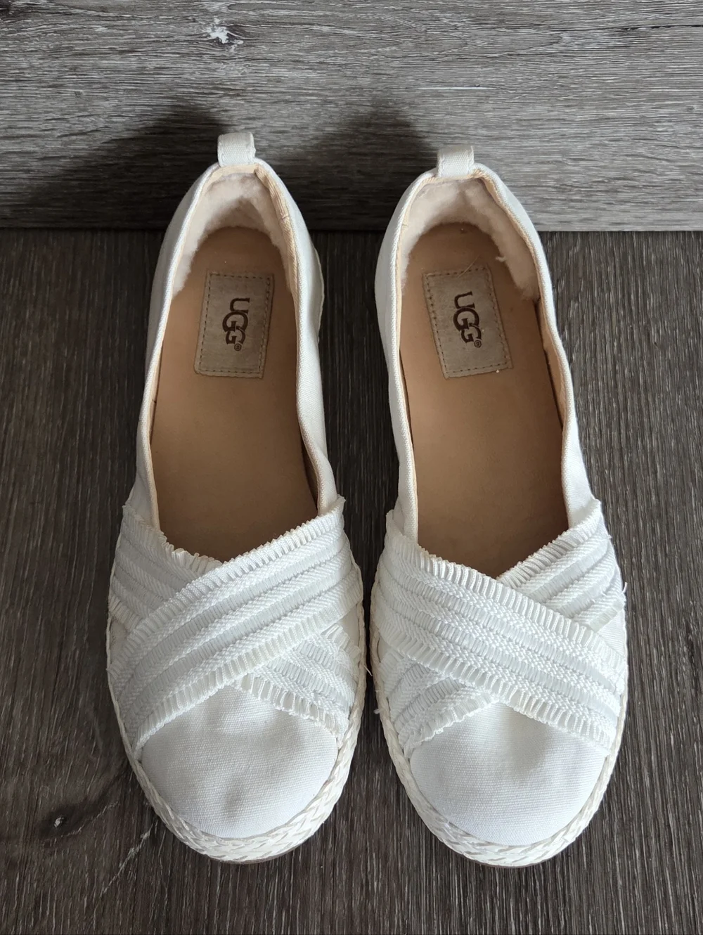 UGG Ynez Ballet Flats Womens 7 US Slip On Sherpa Heel Canvas Shoes White 1092238